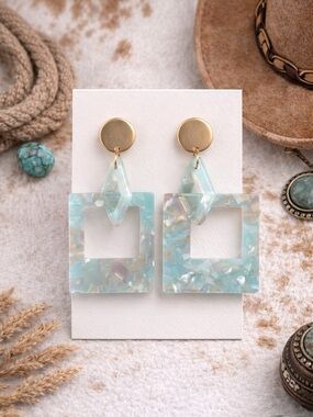 Gold & Aqua Square Drop Earrings